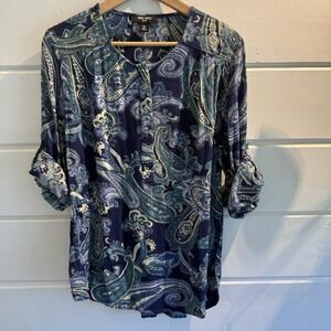 Nine West XL Top Navy/Yellow Paisley Round Neck 3/4 Sleeve Partial Button Front